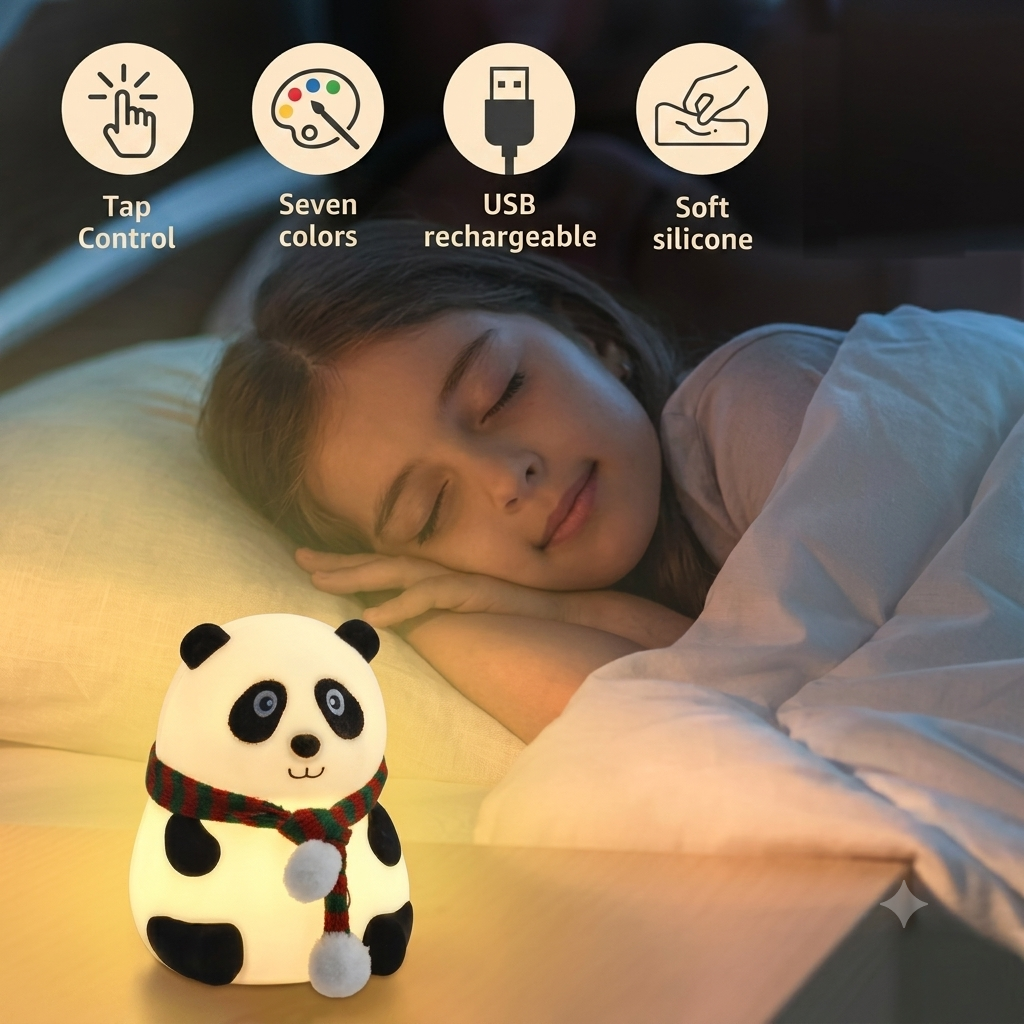 Adorable Panda Silicone Night Light with 7 Color Changing Mode USB Rechargeable Bedside Lamp